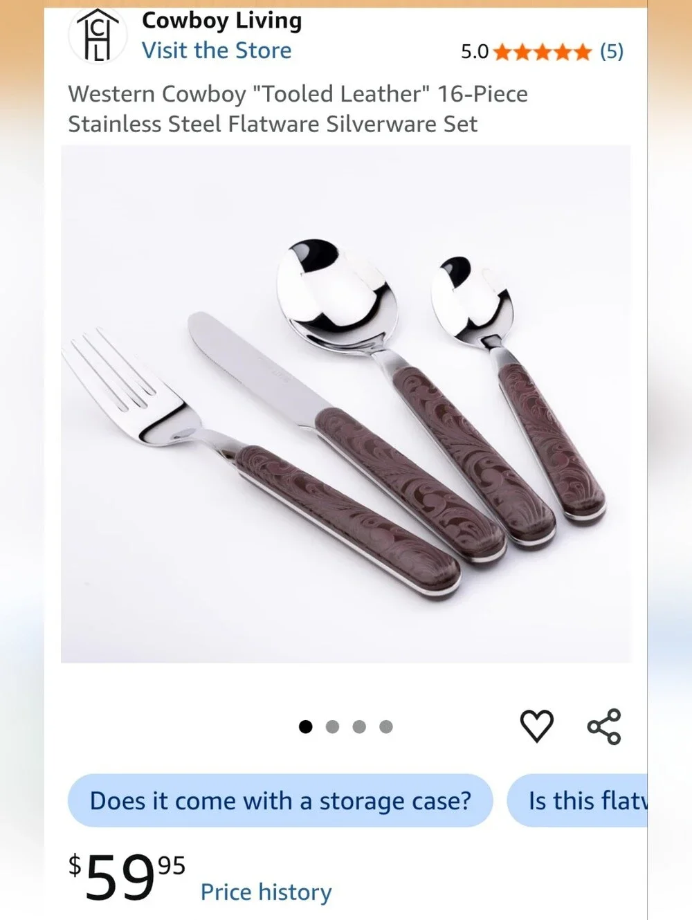 New Western Cowboy Tooled Leather Style 16pc Flatware Set